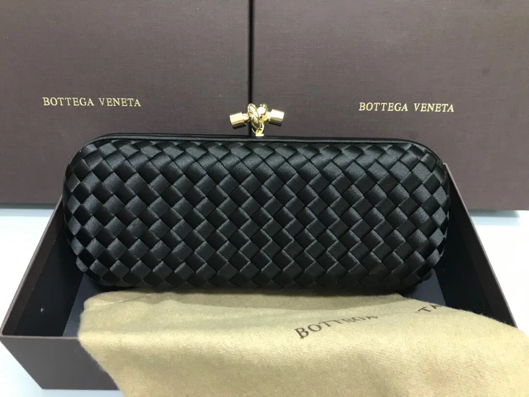 Style No. 8651, upgraded version of full silk evening bag inside and outside~~~INTRECCIATO woven IMPERO STRETCH KNOT clutch bag, hand-woven silk, smooth satin piping, Intrecciato engraved metal buckle, silk satin lining. Large size: 25cm*10cm*5cm